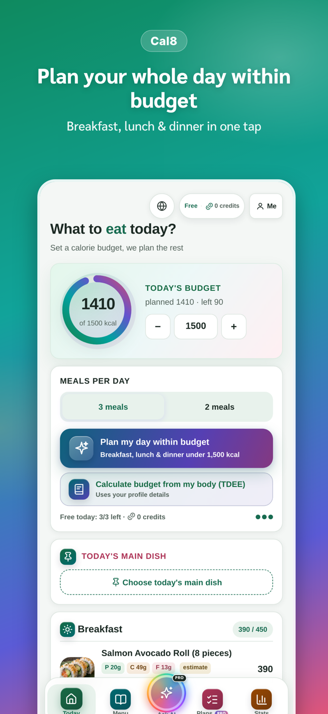 Cal8 daily goal and meal planning screen